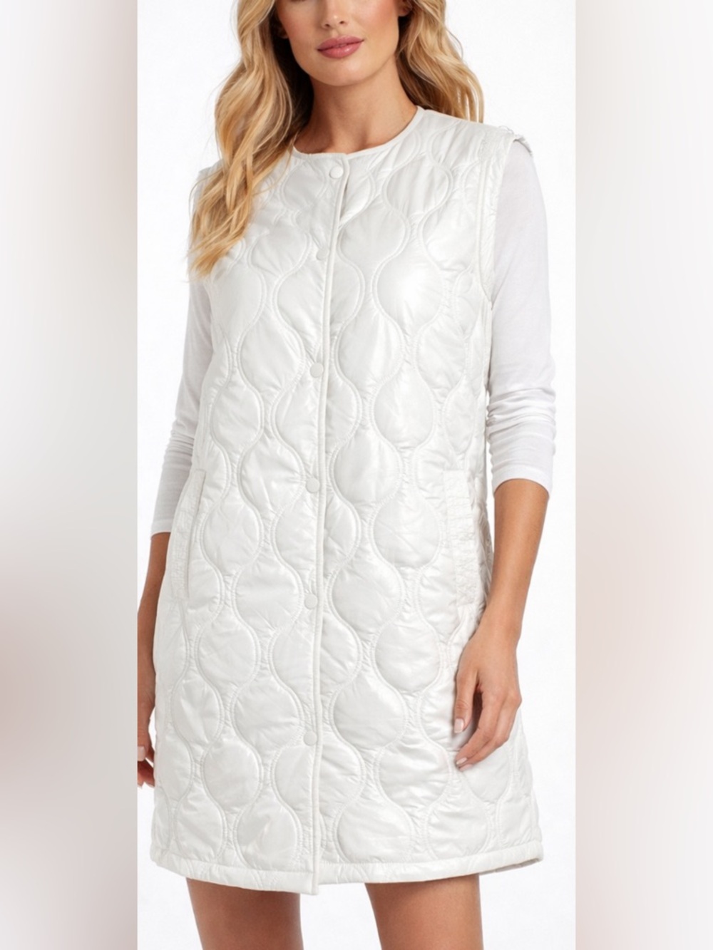 Joie Quilted Puffer Vest Women S White Long Snap Front Sleeveless Lightweight